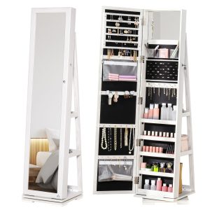 360 Swivel Jewelry Cabinet with Full Length Mirror Lockable Organizer White